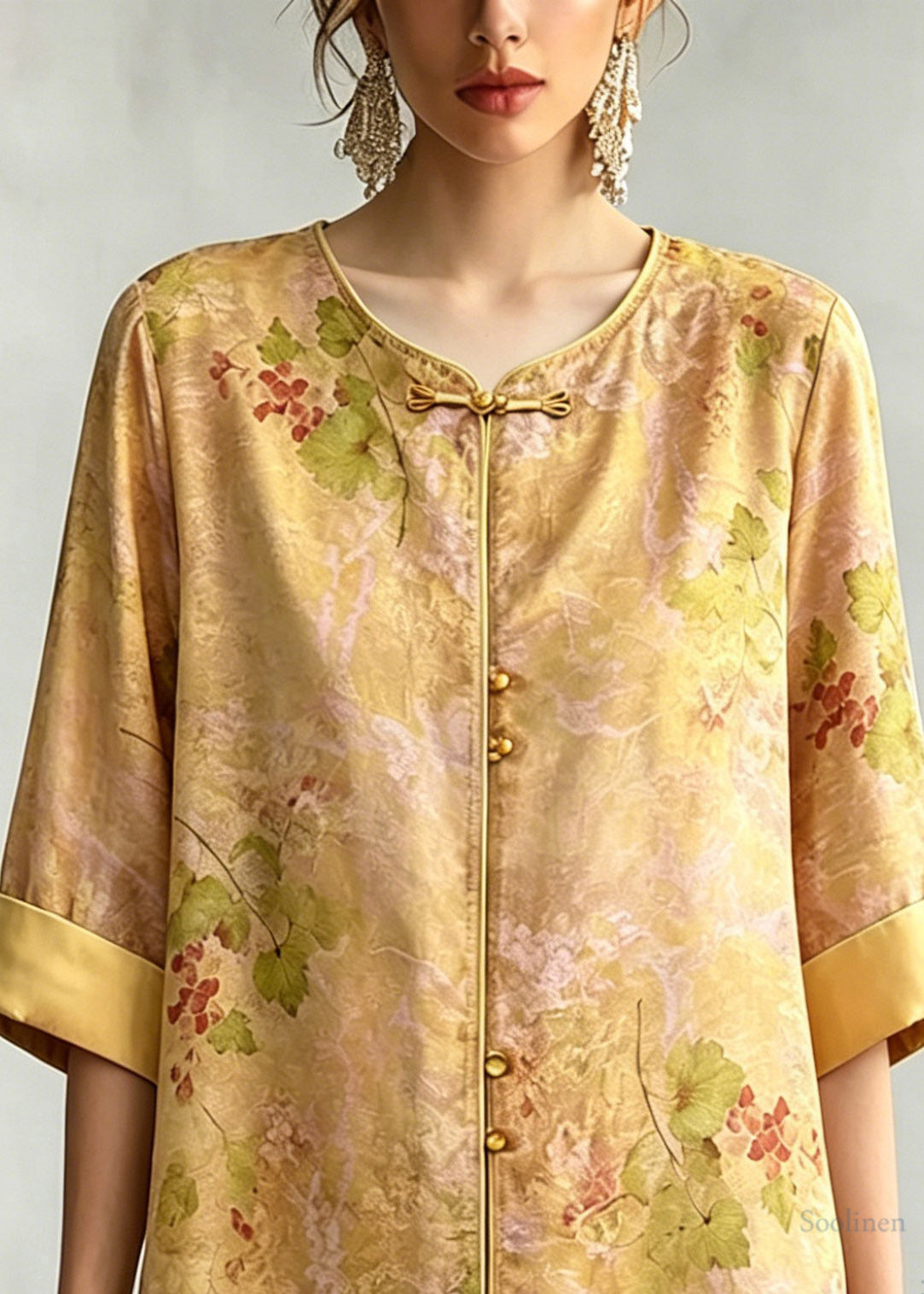Vintage Yellow O-Neck Print Shirt Three Quarter Sleeve