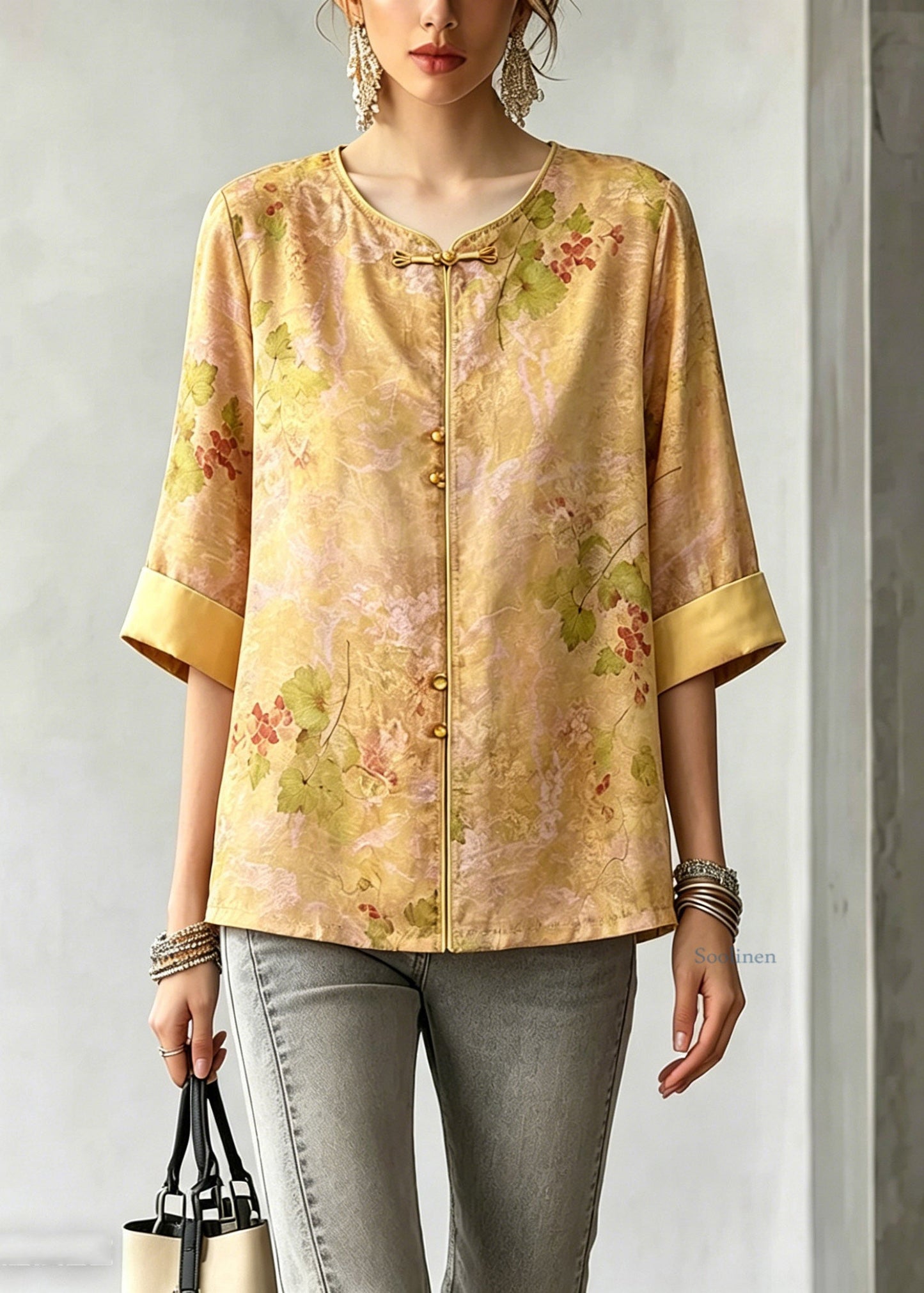 Vintage Yellow O-Neck Print Shirt Three Quarter Sleeve