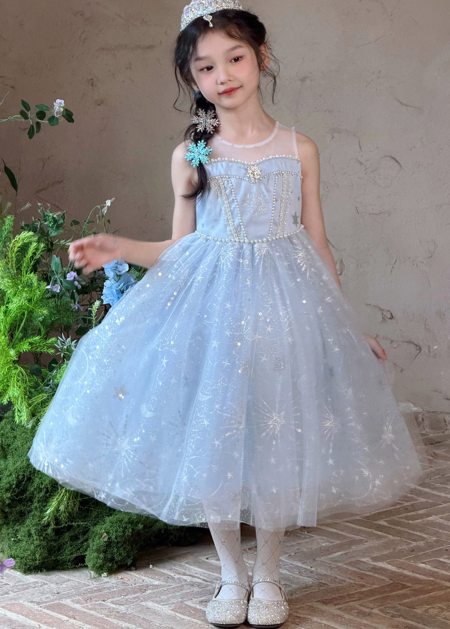 Vogue Blue O-Neck Pearl Tulle Girls Long Dress And Shawl Two Piece Set Summer