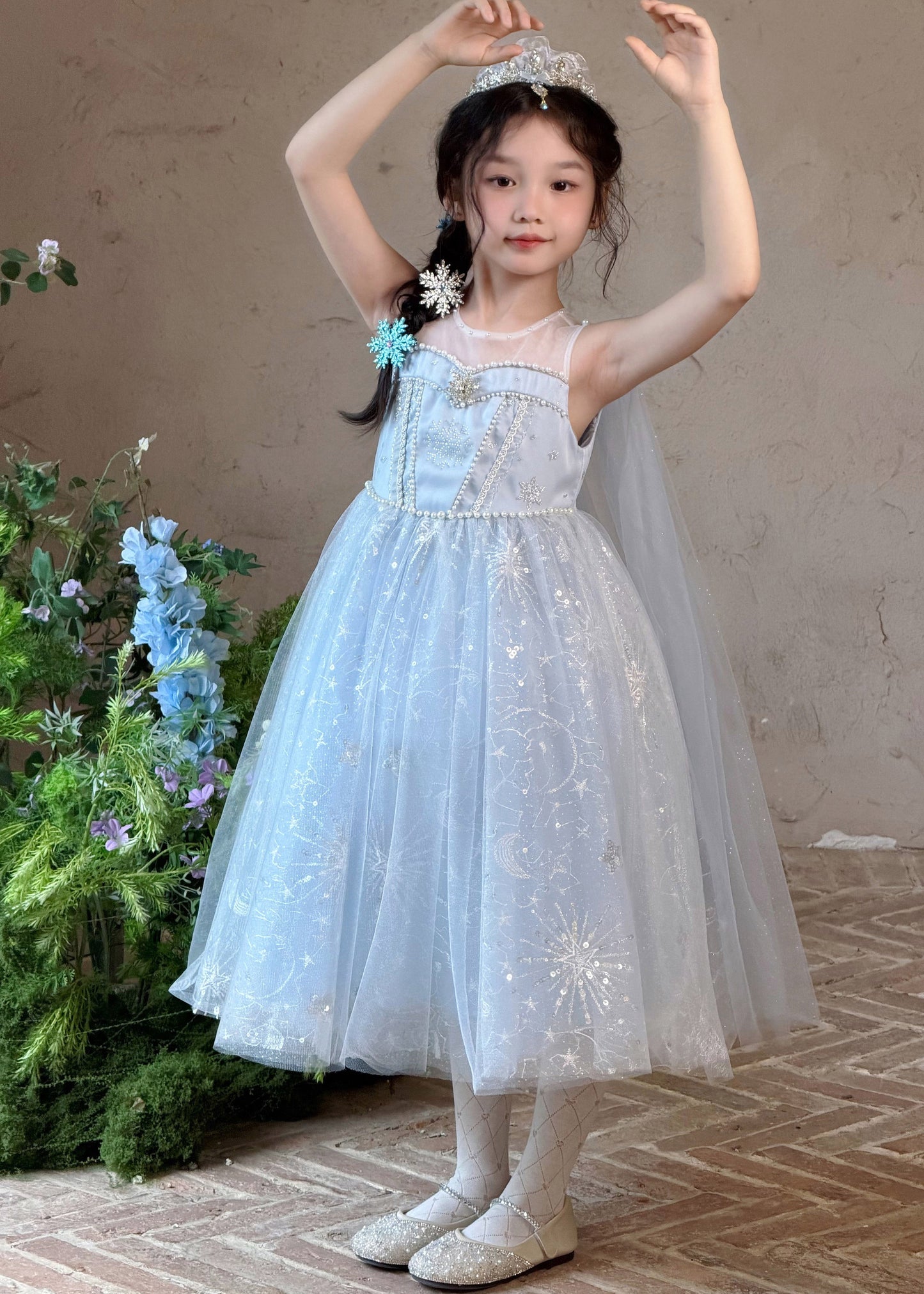 Vogue Blue O-Neck Pearl Tulle Girls Long Dress And Shawl Two Piece Set Summer