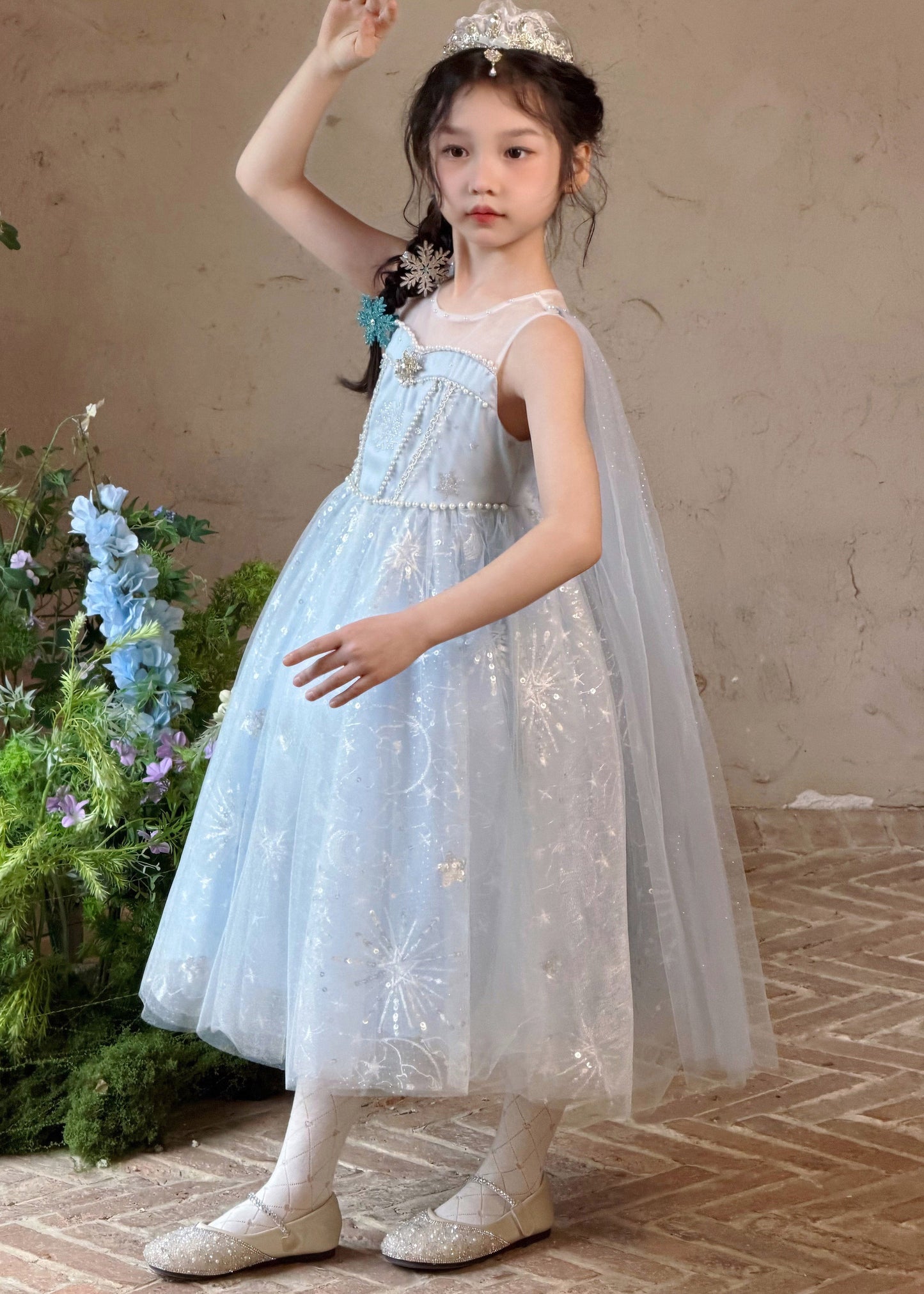 Vogue Blue O-Neck Pearl Tulle Girls Long Dress And Shawl Two Piece Set Summer