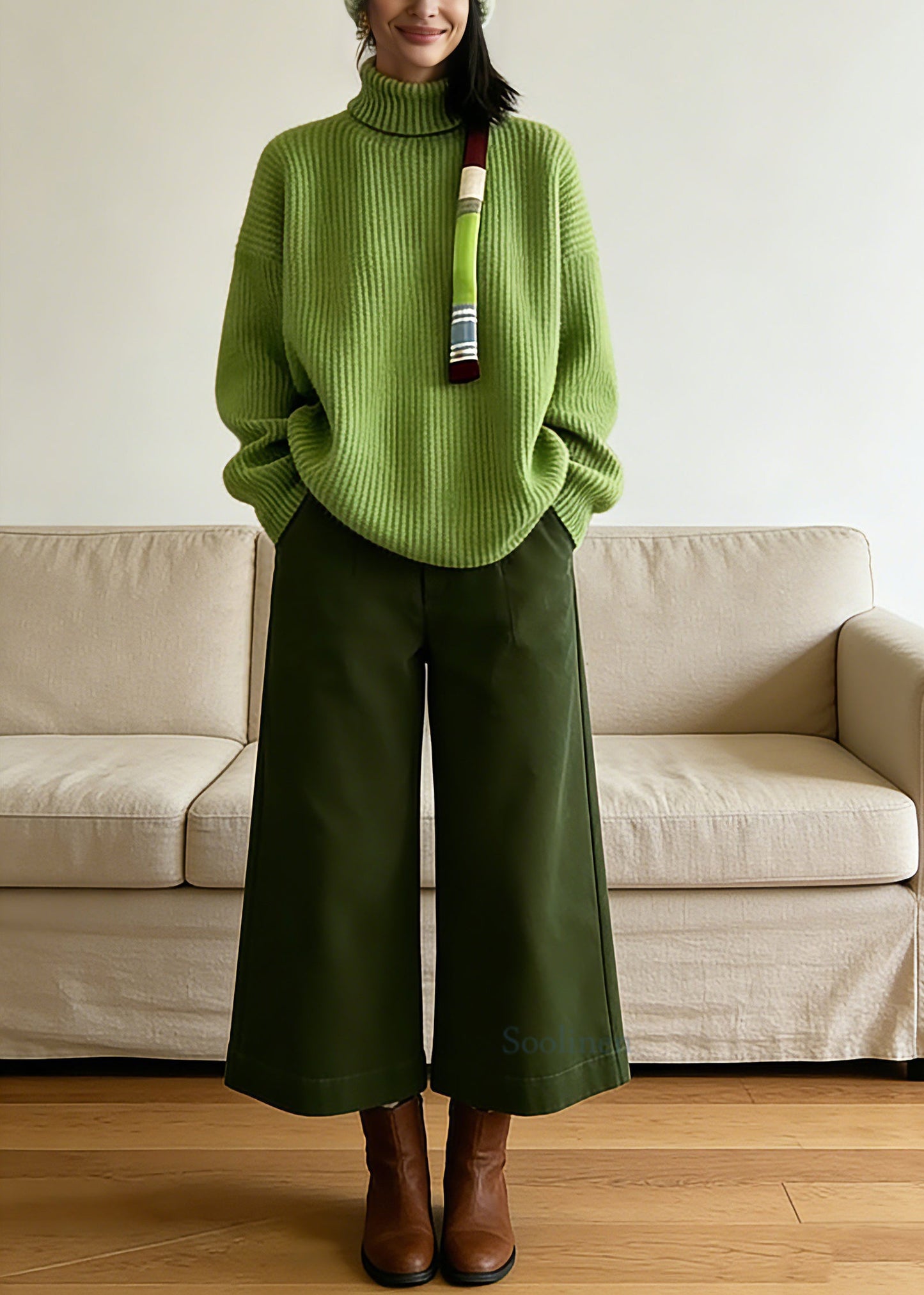 Vogue Green Turtleneck Cotton Knit Sweaters And Crop Pants Two-Piece Set Spring