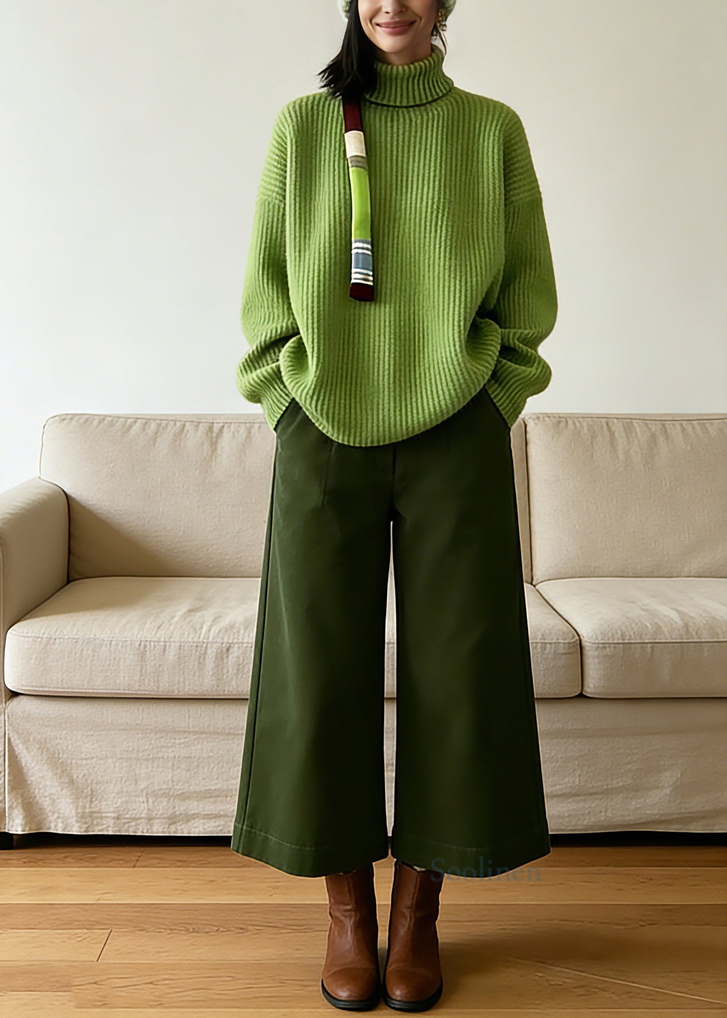 Vogue Green Turtleneck Cotton Knit Sweaters And Crop Pants Two-Piece Set Spring