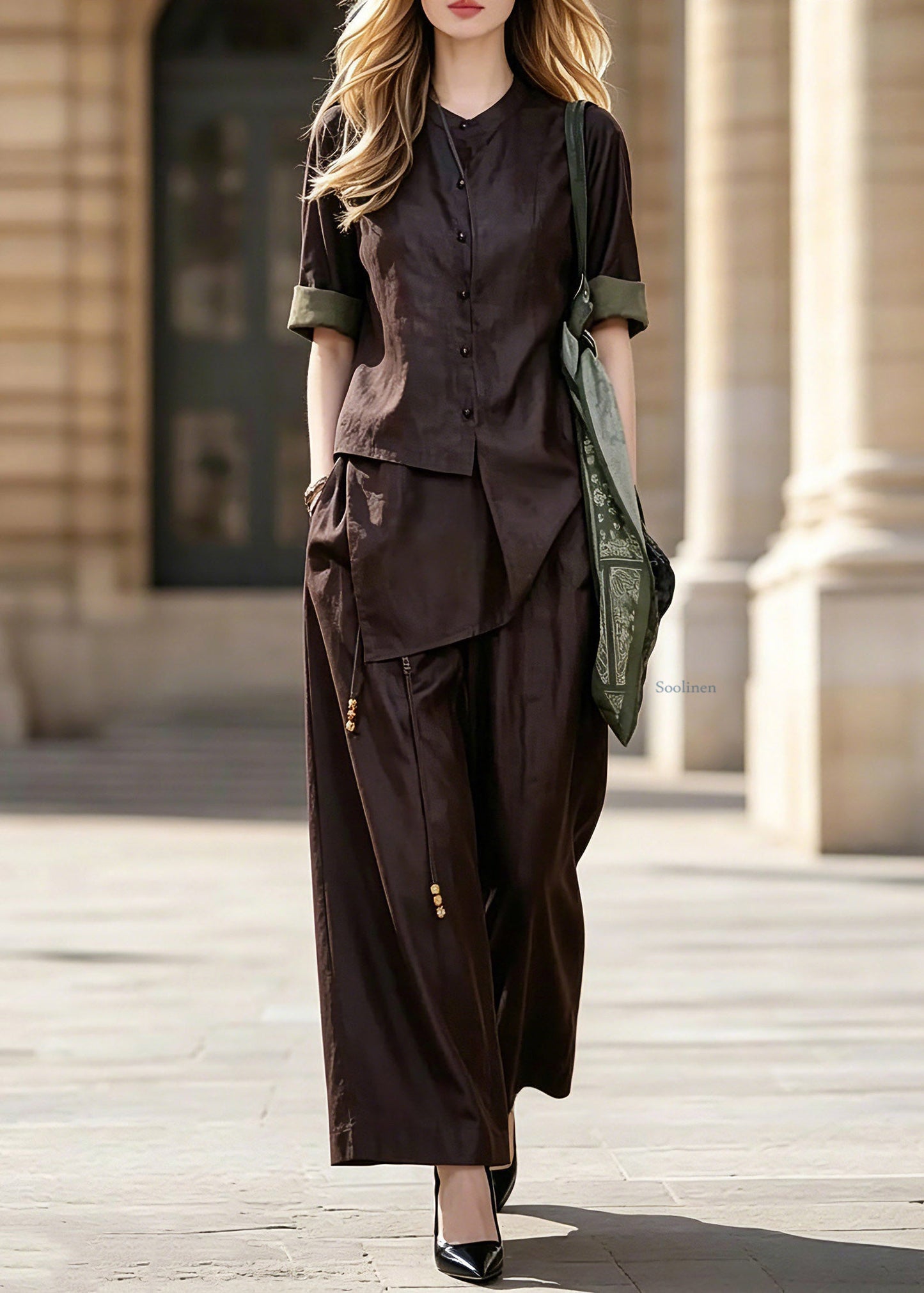 Vogue Purple Asymmetrical Patchwork Button Shirt And Wide Leg Pants Two Pieces Set Short Sleeve