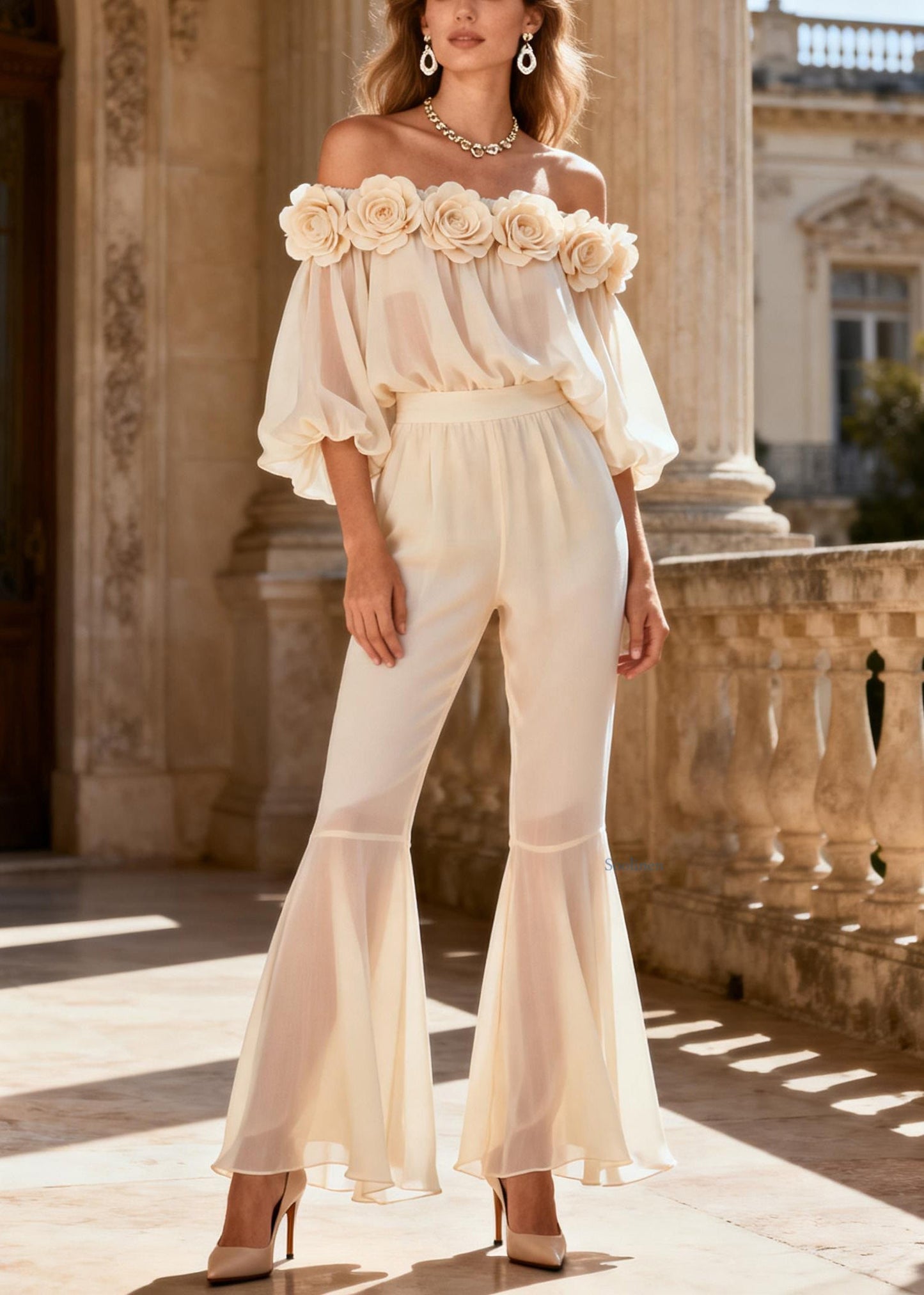 Vogue White Floral Chiffon Shirts And Flared Trousers Two Piece Set Spring