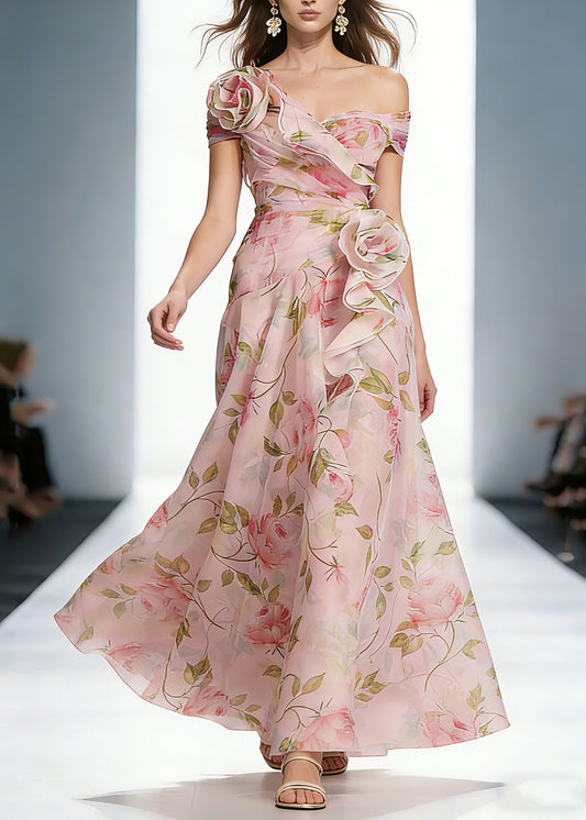 Wedding Pink Ruffled Print Organza Long Dress Summer