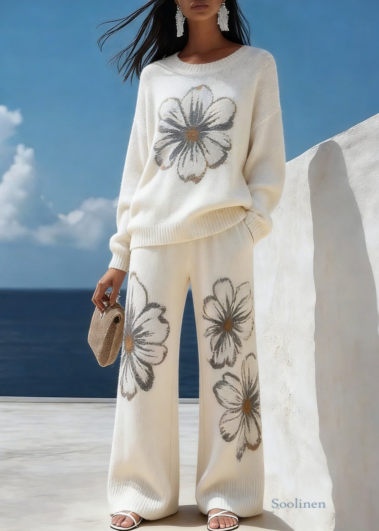 White Floral Cozy Knit Two Piece Suit Set O-Neck Spring