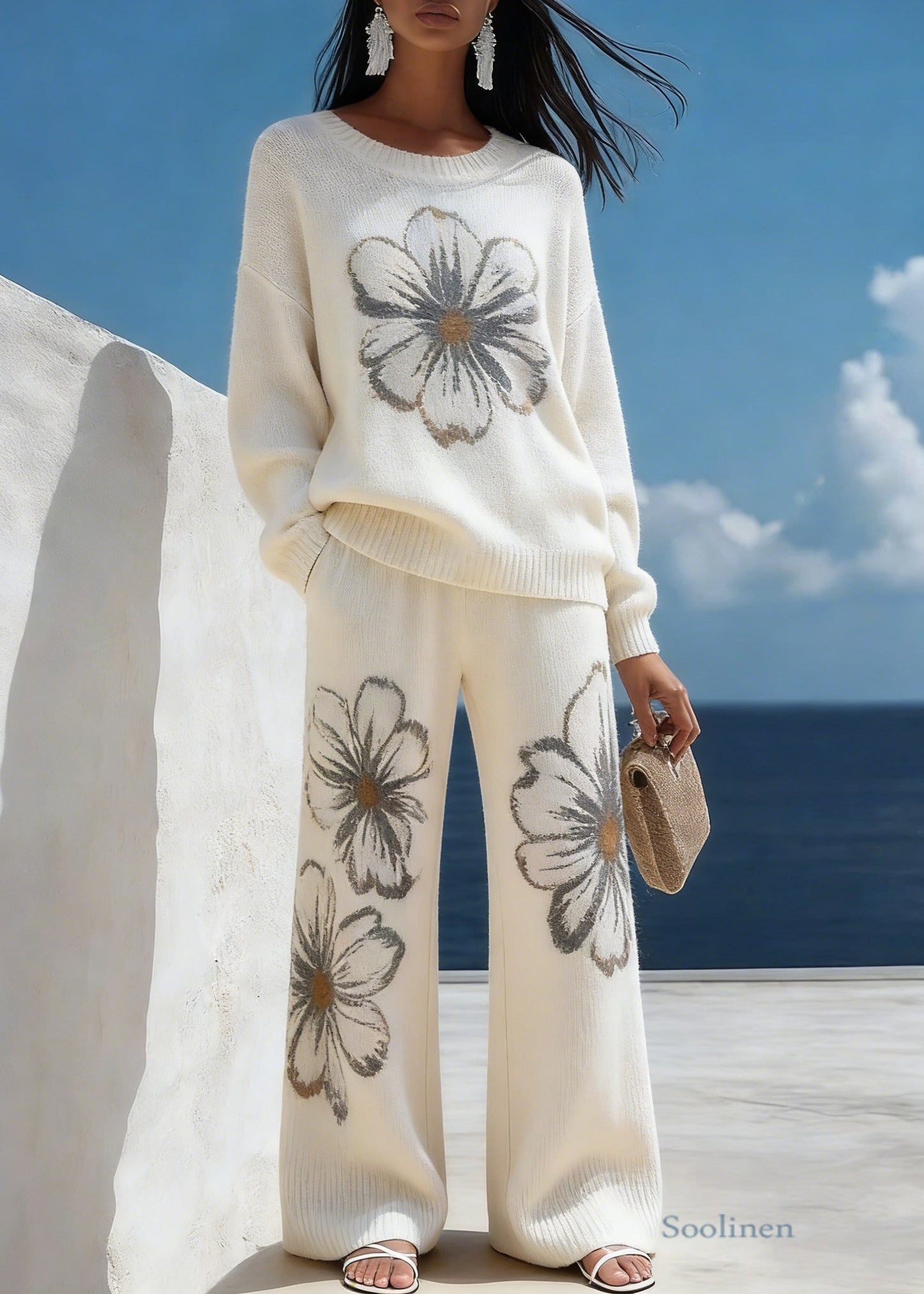 White Floral Cozy Knit Two Piece Suit Set O-Neck Spring
