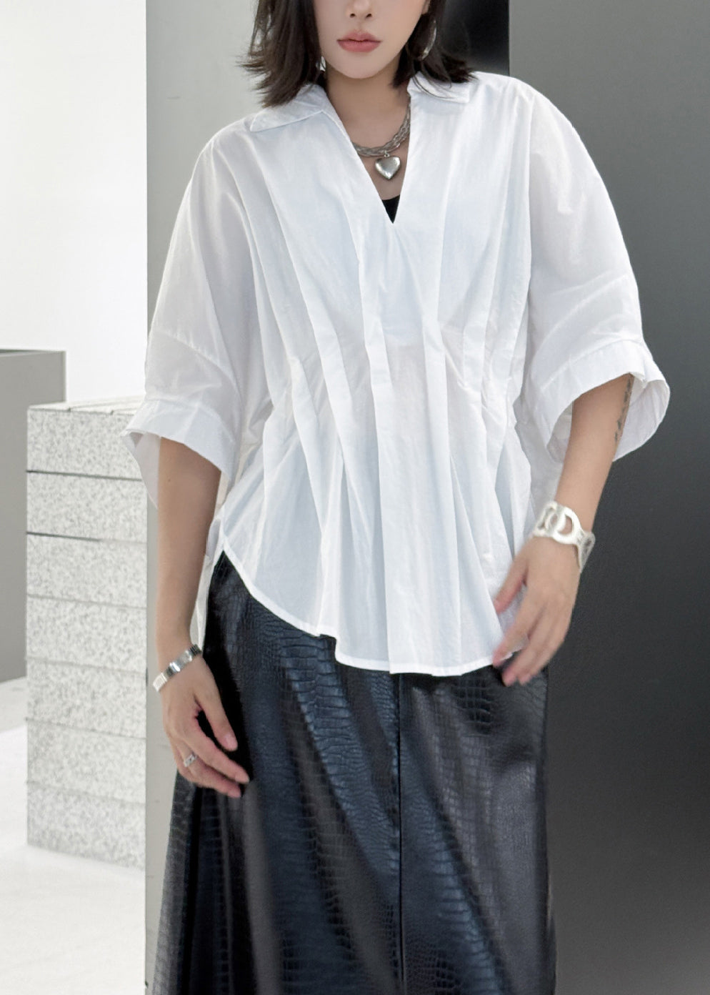 White Patchwork Novelty Cotton Shirt Top Asymmetrical Wrinkled Summer