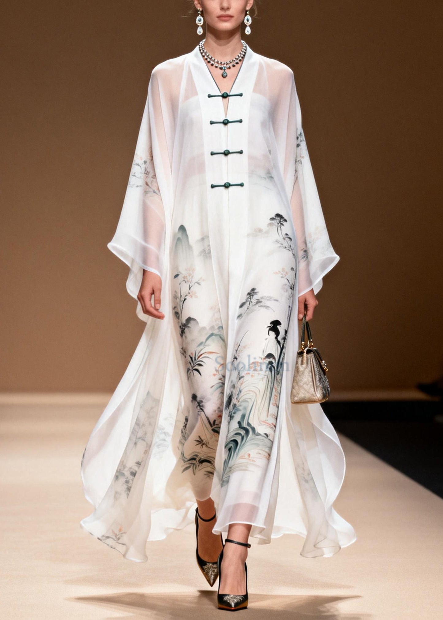 White Print Draping Chiffon Oriental Dress Chinese Button Summer