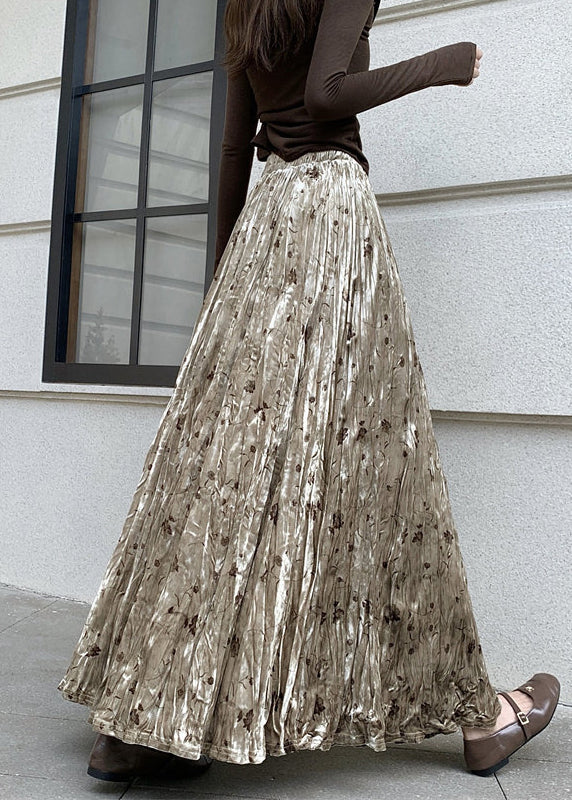 Women Apricot Print Draping Silk Velvet Skirts Spring