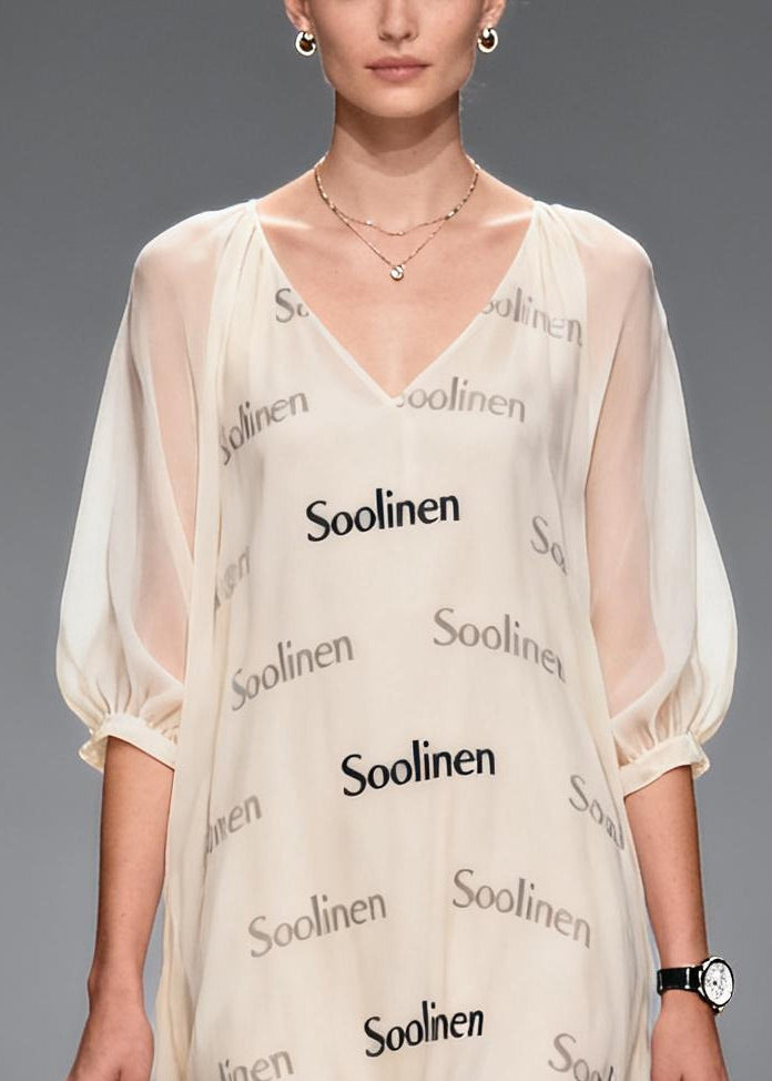 Women Apricot V Neck Print Chiffon Maxi Dress Summer