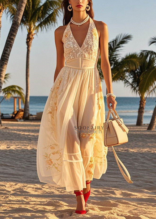 Women Beige Cold Shoulder Print Tulle Halter Dresses Summer
