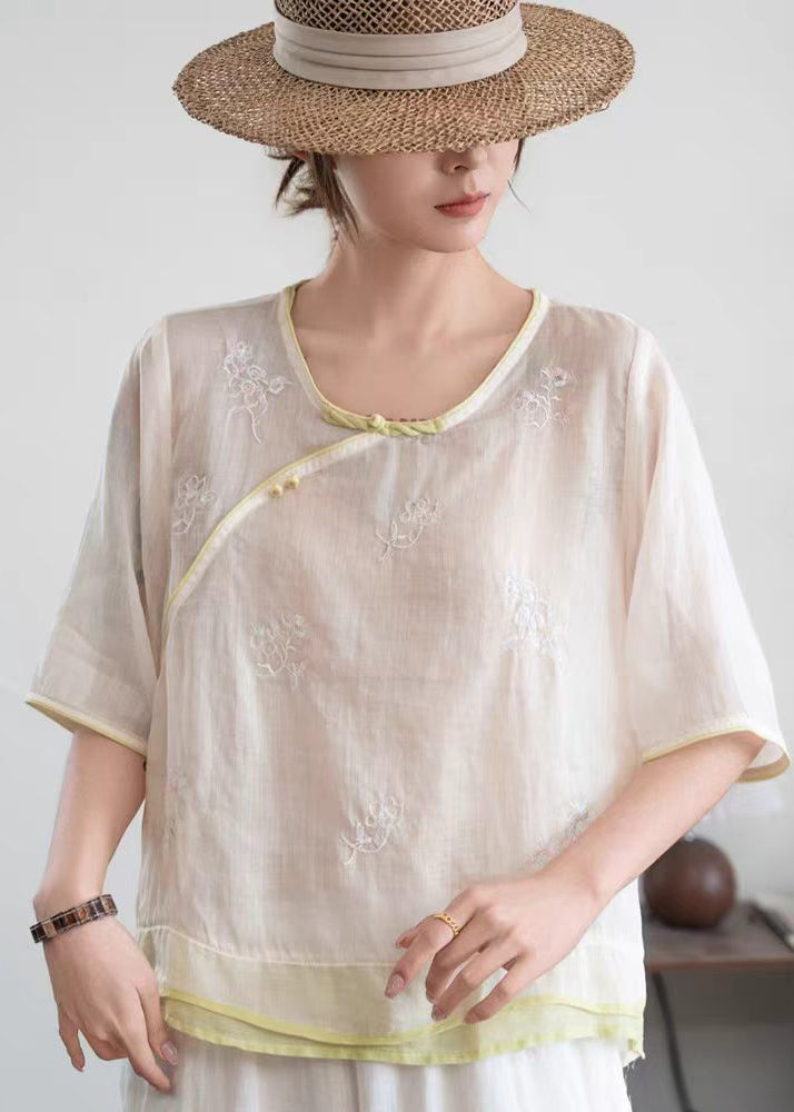 Women Beige Embroidered Patchwork Linen Oriental Shirt Summer