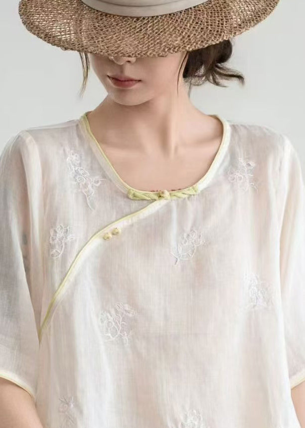 Women Beige Embroidered Patchwork Linen Oriental Shirt Summer