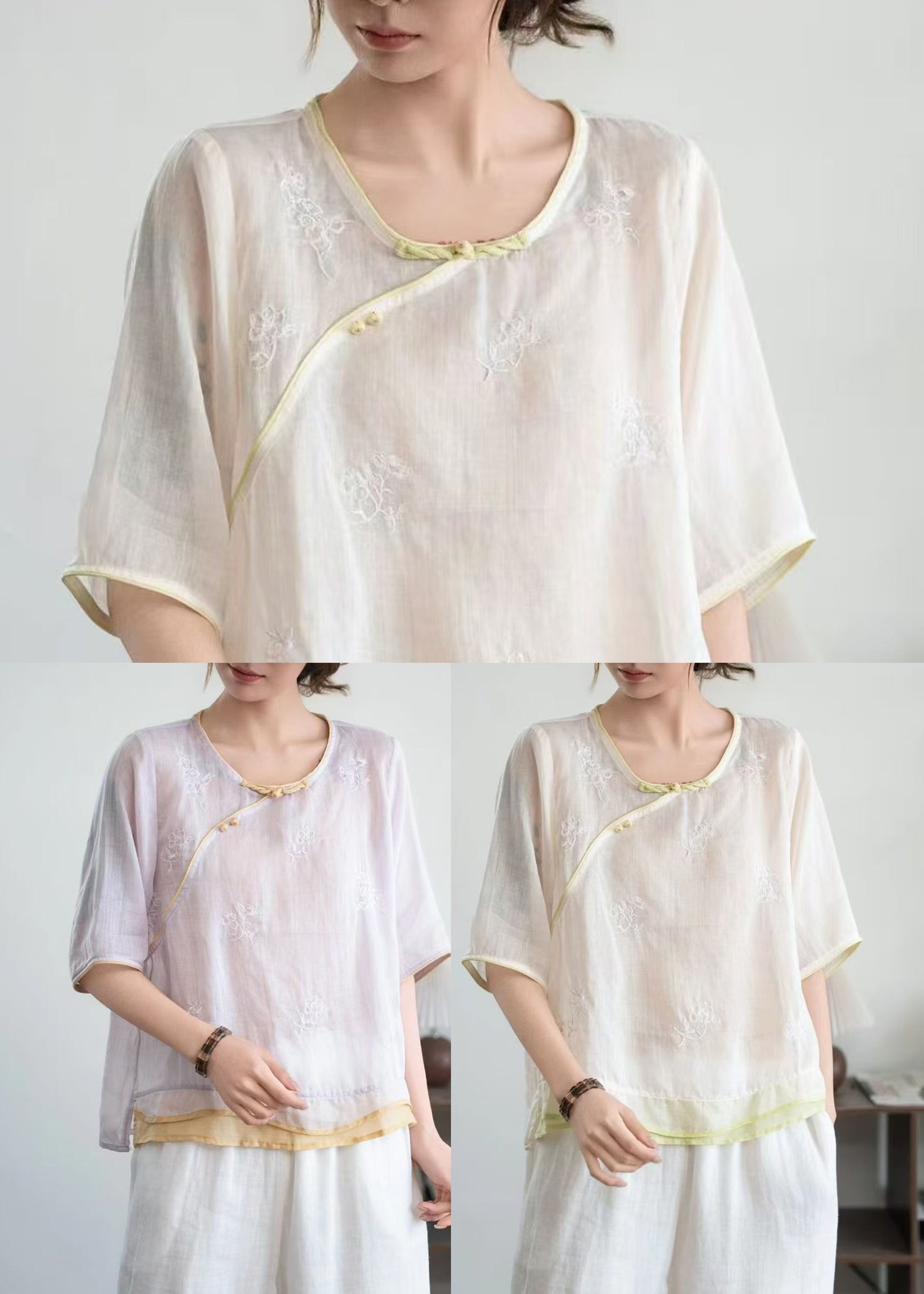Women Beige Embroidered Patchwork Linen Oriental Shirt Summer