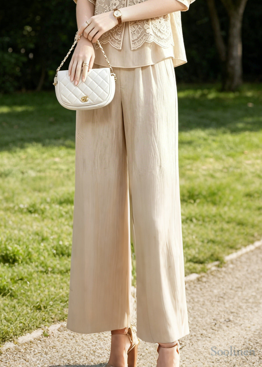 Women Beige Mandarin Collar Patchwork Lace Two Piece Suit Set Summer