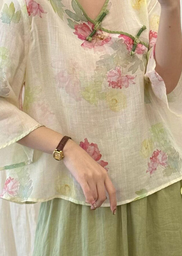 Women Beige Print Button Linen T Shirt Three Quarter Sleeve