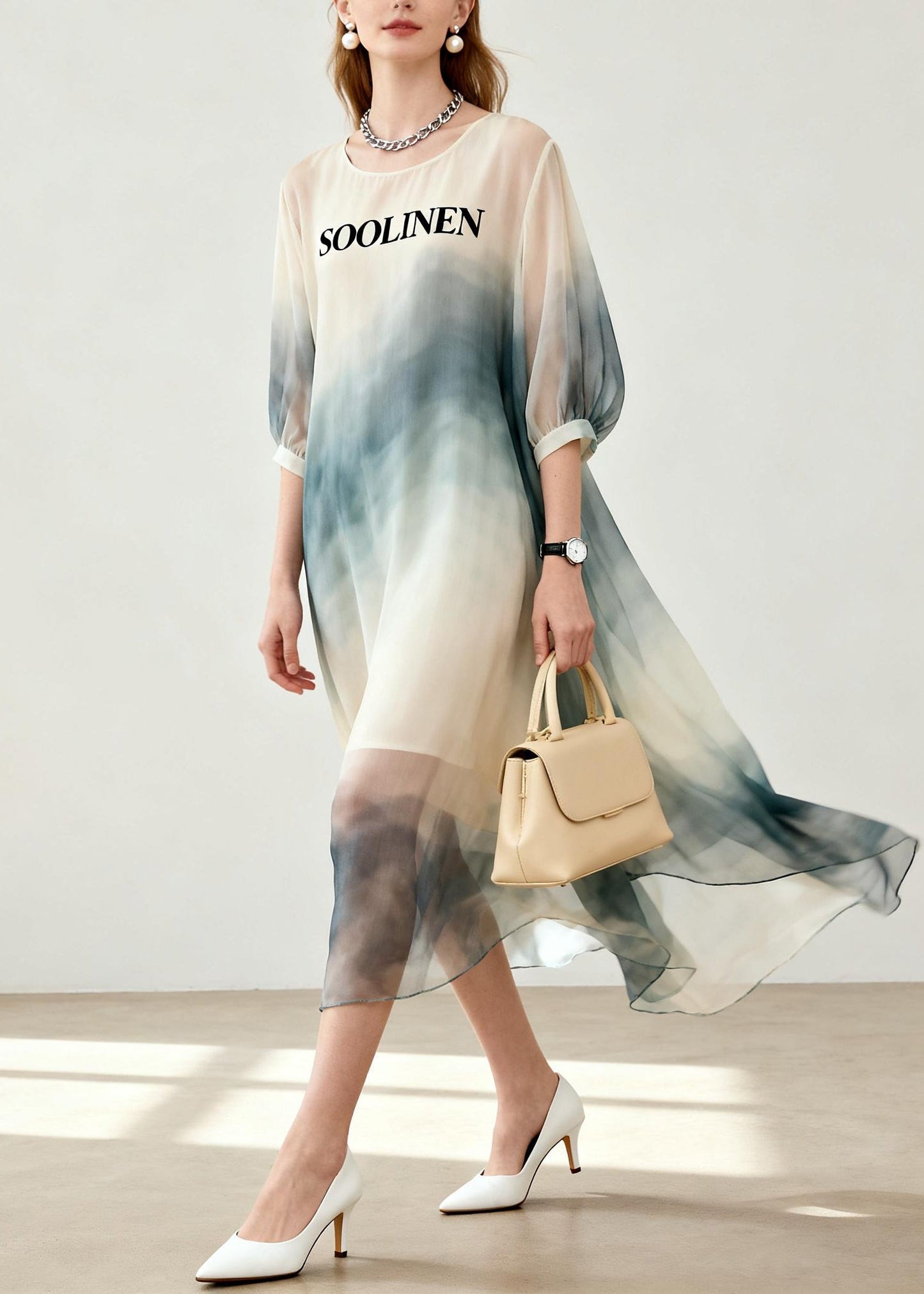 Women Beige Tie Dye Chiffon Vacation Dresses Summer