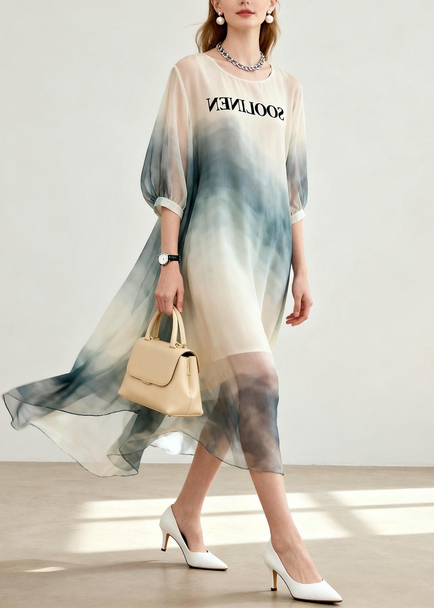 Women Beige Tie Dye Chiffon Vacation Dresses Summer