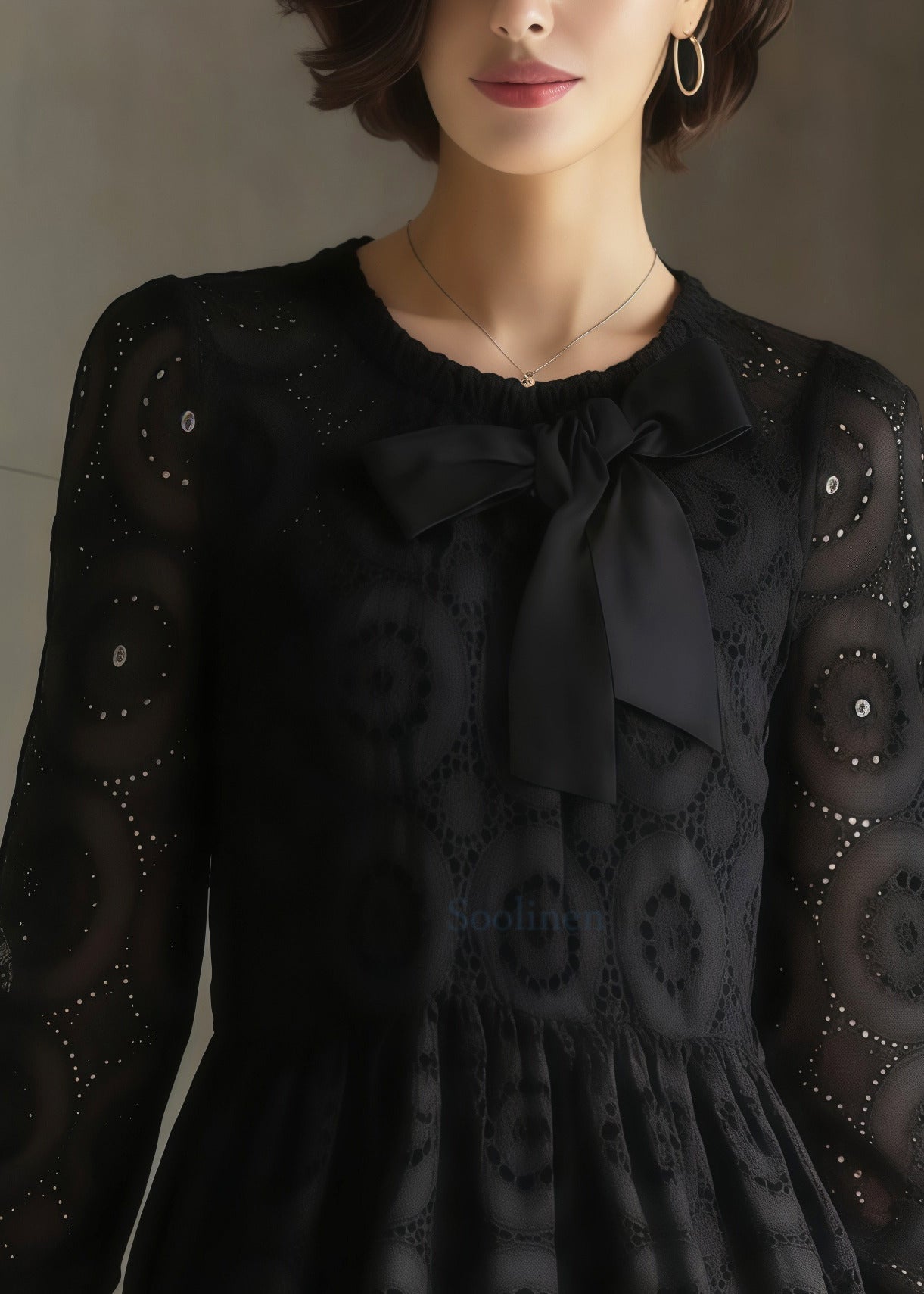 Women Black Embroidered Hollow Out Cotton Tea Dress Spring