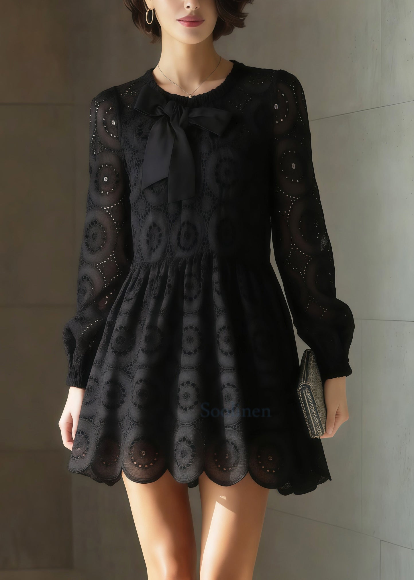 Women Black Embroidered Hollow Out Cotton Tea Dress Spring