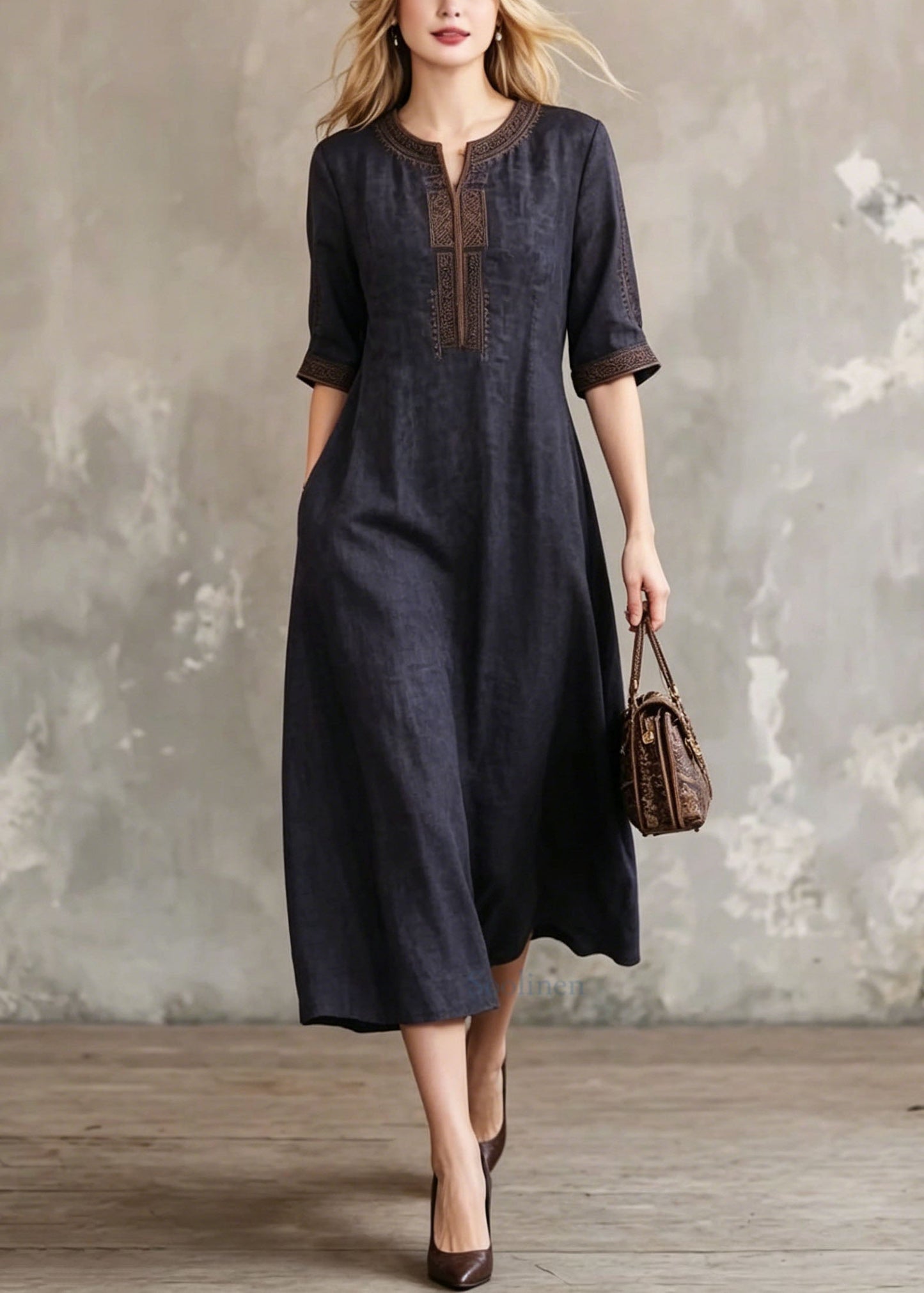 Women Black O-Neck Embroidered Silk Dress Summer