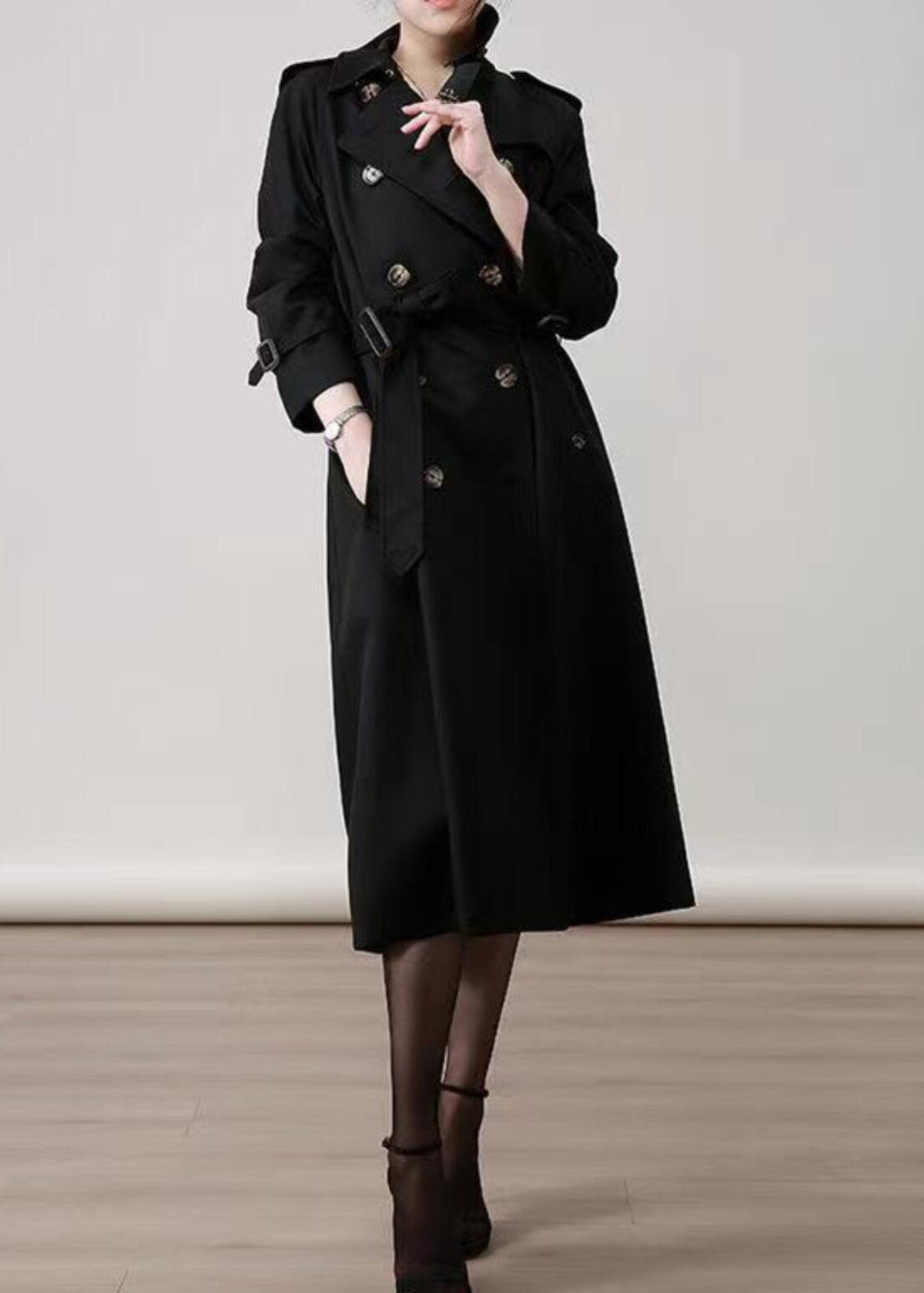 Women Black Peter Pan Collar Double Breast Cotton Trench Spring