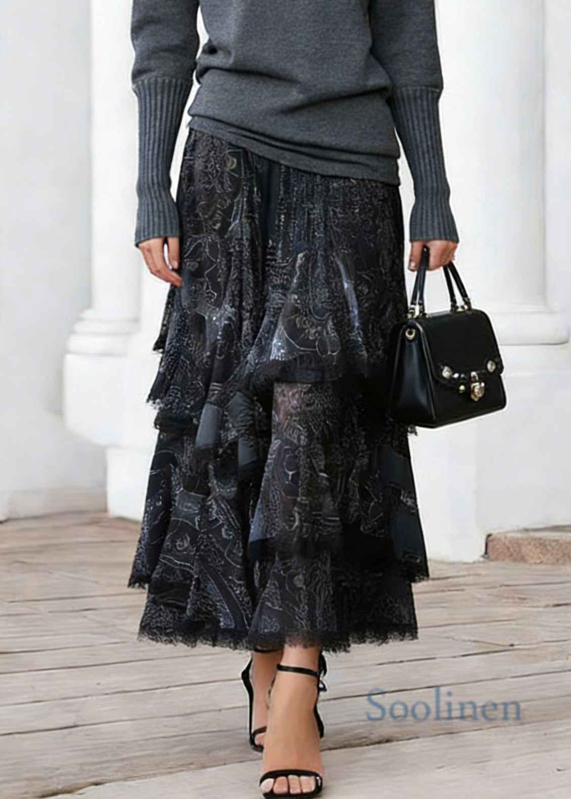 Women Black Print Elastic Waist Lace A Line Skirts