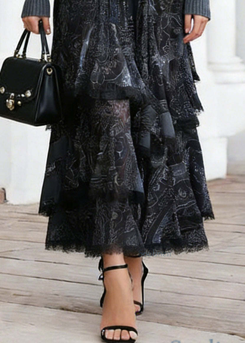 Women Black Print Elastic Waist Lace A Line Skirts
