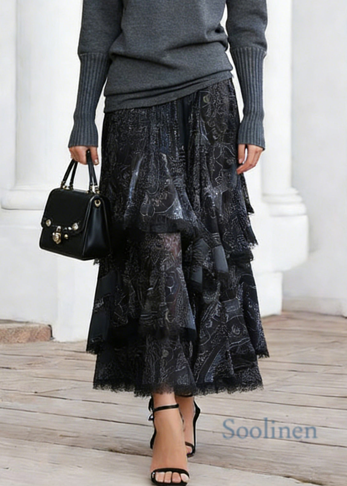 Women Black Print Elastic Waist Lace A Line Skirts