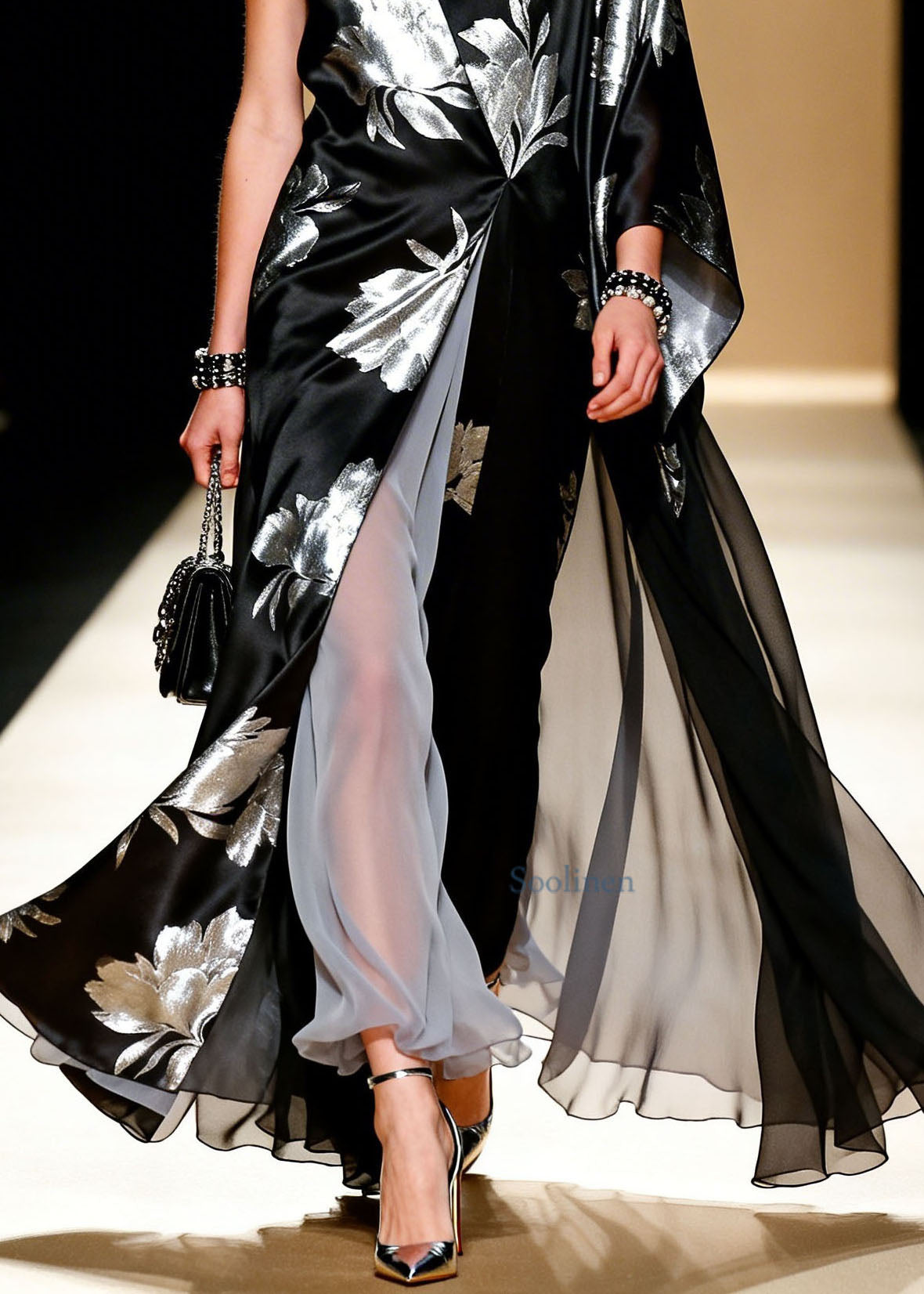 Women Black V Neck Asymmetrical Design Patchwork Chiffon Dress Summer