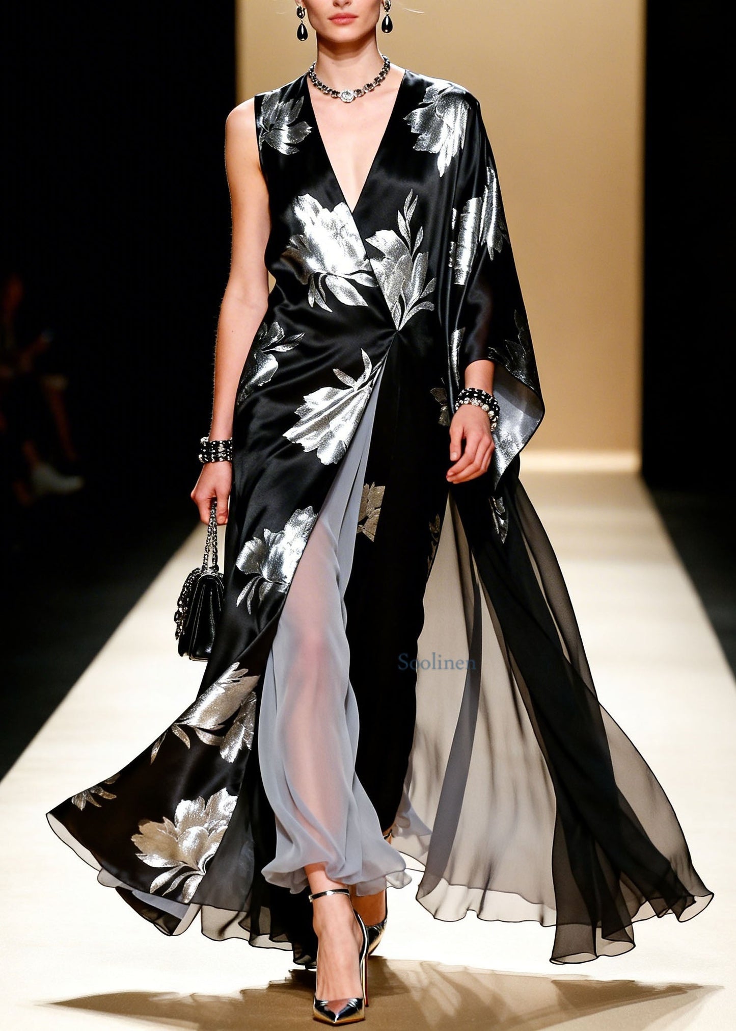 Women Black V Neck Asymmetrical Design Patchwork Chiffon Dress Summer
