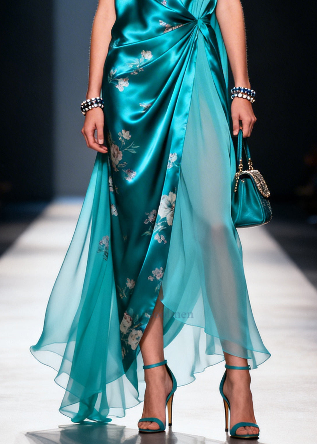 Women Blue Asymmetrical Print Silk Party Dress Summer