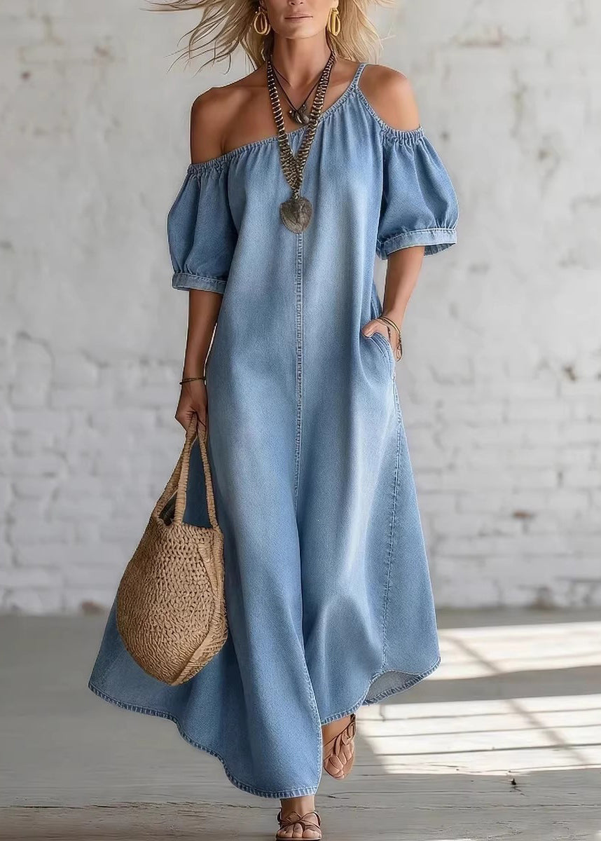 Women Blue Cold Shoulder Side Open Patchwork Denim Dresses Summer
