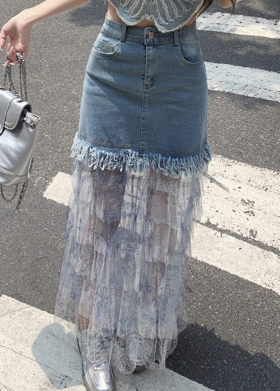 Women Blue Denim Patchwork Tulle Maxi Cake Skirts Summer