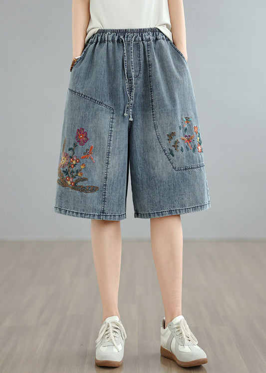Women Blue Embroidered Pockets Denim Shorts Summer