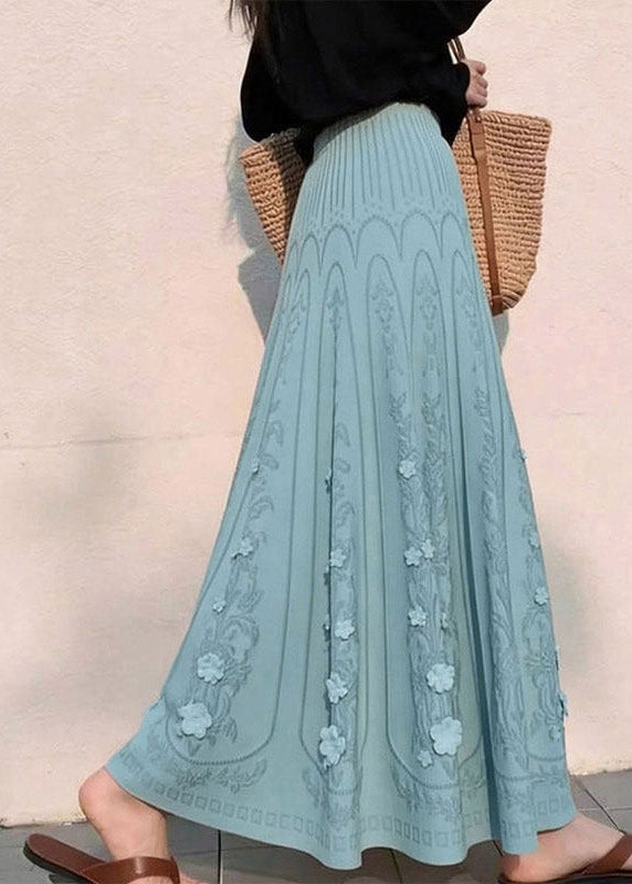 Women Blue Floral Elastic Waist A Line Skirts