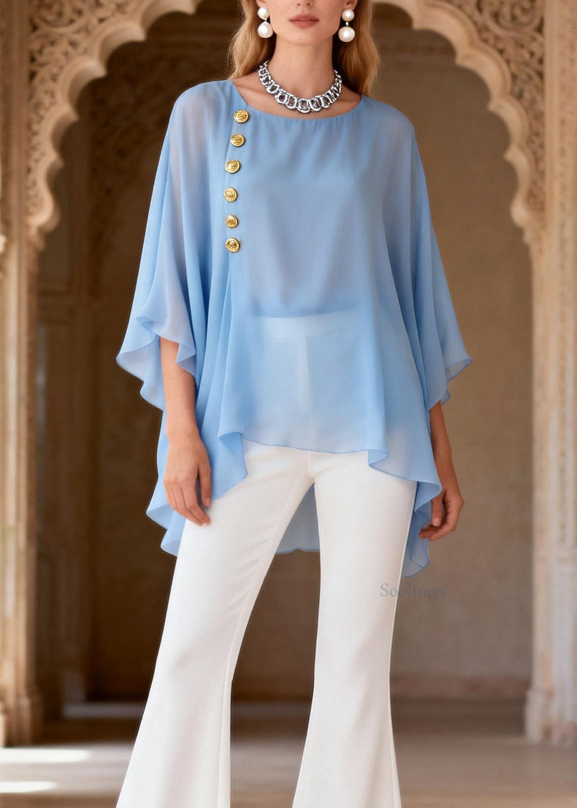 Women Blue O Neck Top And White Flared Trousers Chiffon Two Pieces Set Summer