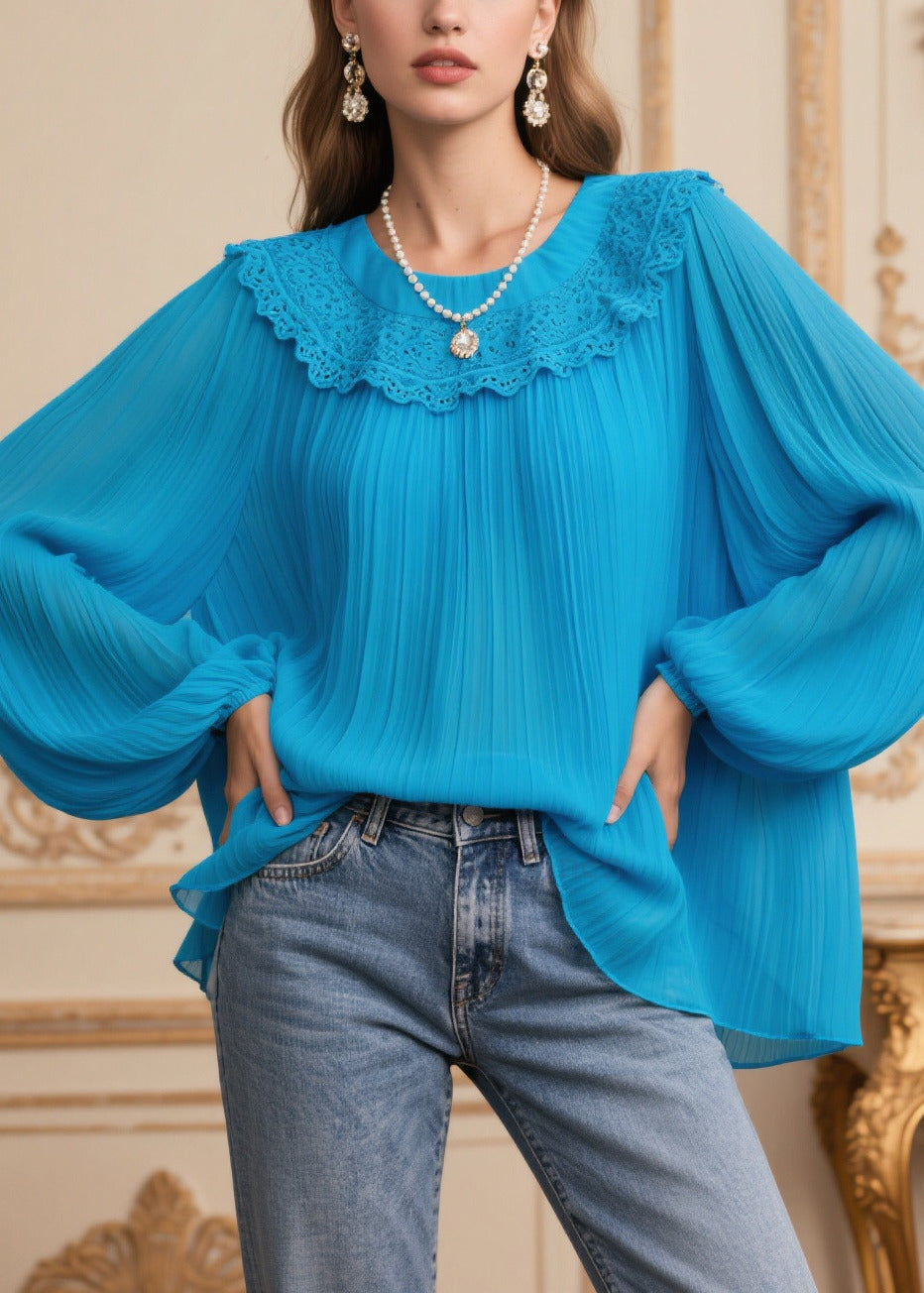 Women Blue Oversized Patchwork Lace Chiffon Pleated Blouses Spring