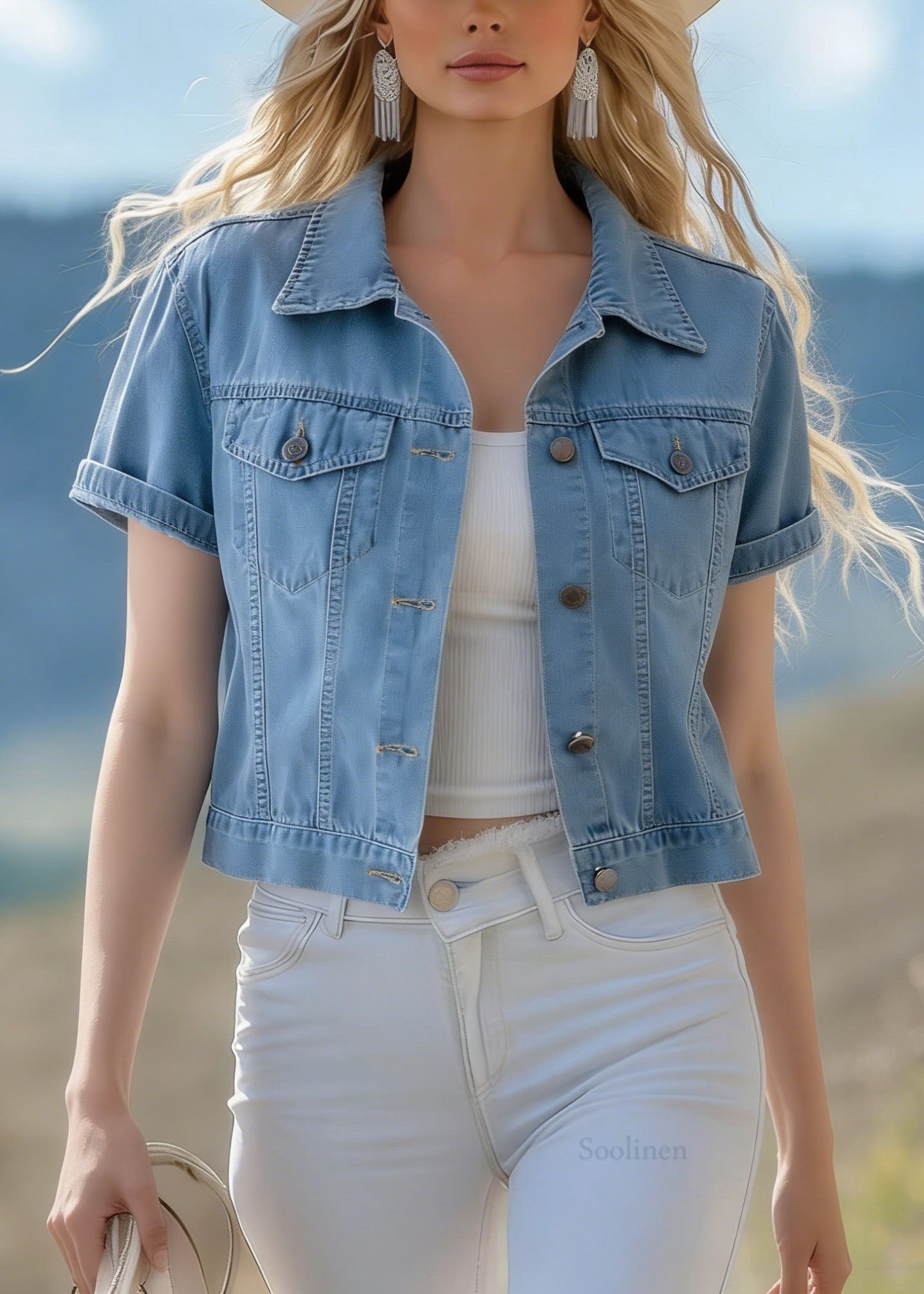 Women Blue Peter Pan Collar Pockets Denim Jackets Summer
