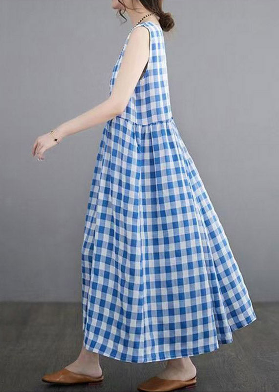 Women Blue Plaid Patchwork Maxi Dresses Sleeveless