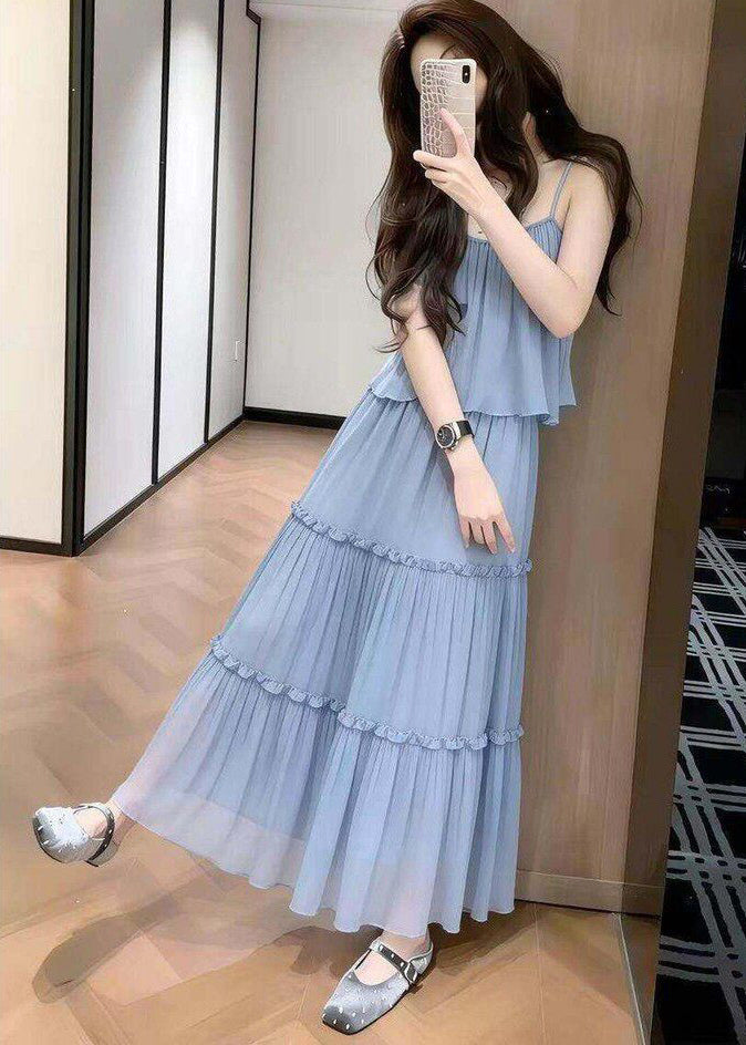 Women Blue Ruffled Draping Chiffon Two-Piece Set Summer