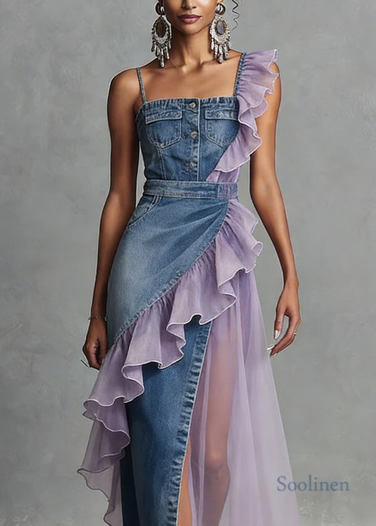 Women Blue Ruffled Patchwork Denim Spaghetti Strap Dress Summer