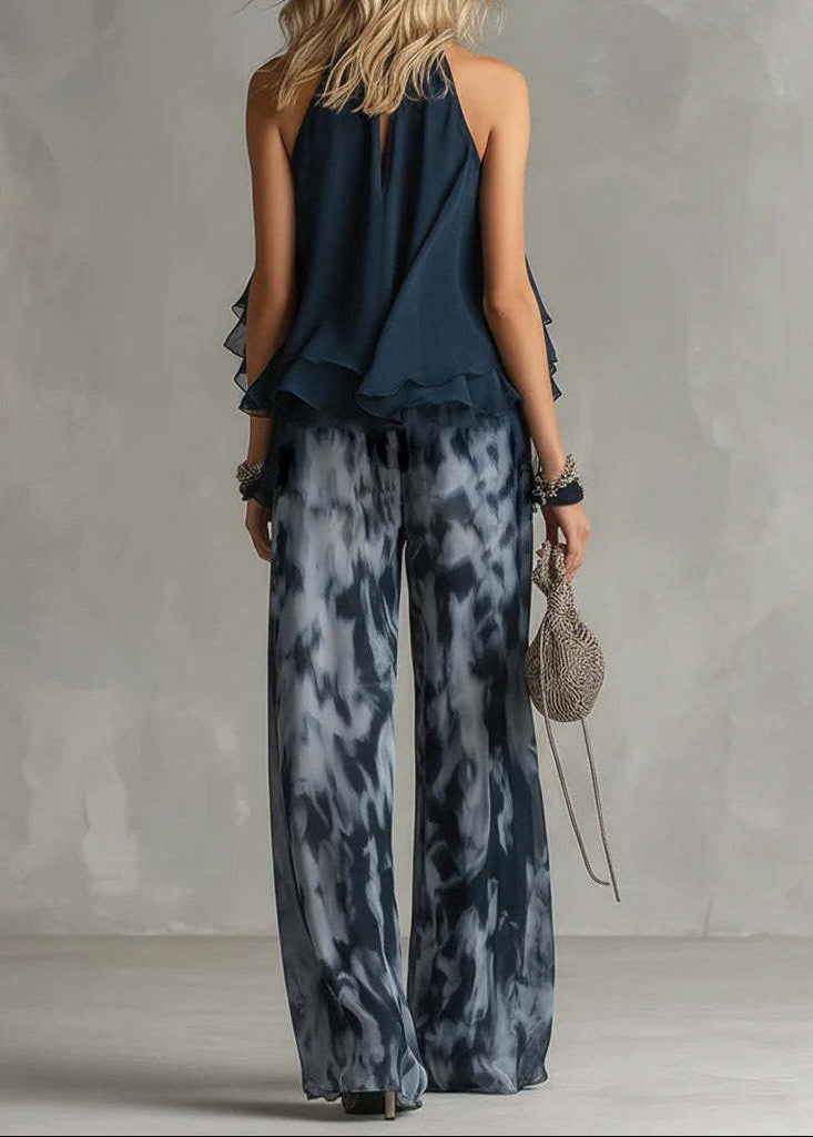 Women Blue Ruffled Print Chiffon Two Piece Set Clothing Sleeveless