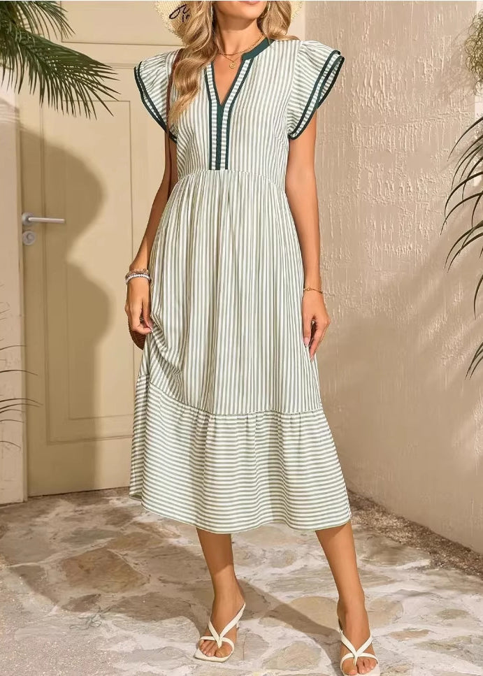 Women Blue Ruffled Striped Patchwork Cotton Dress Summer