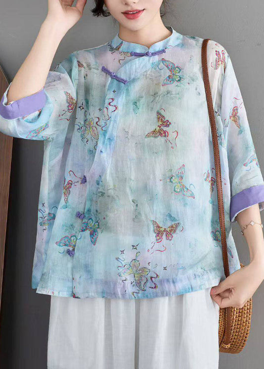 Women Blue Stand Collar Print Chinese Button Linen Shirt Summer