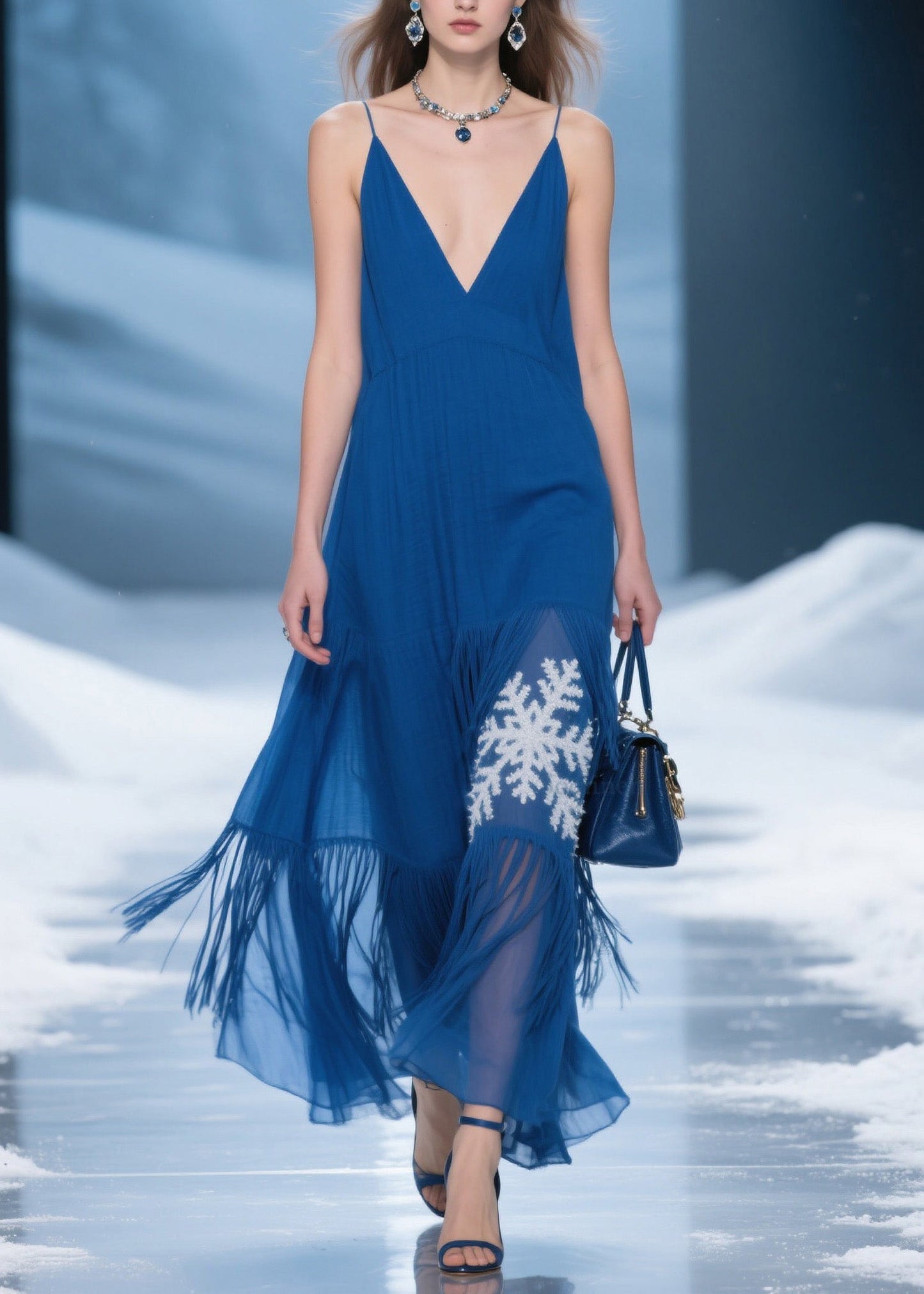 Women Blue Tassel Patchwork Spaghetti Strap Dress Summer