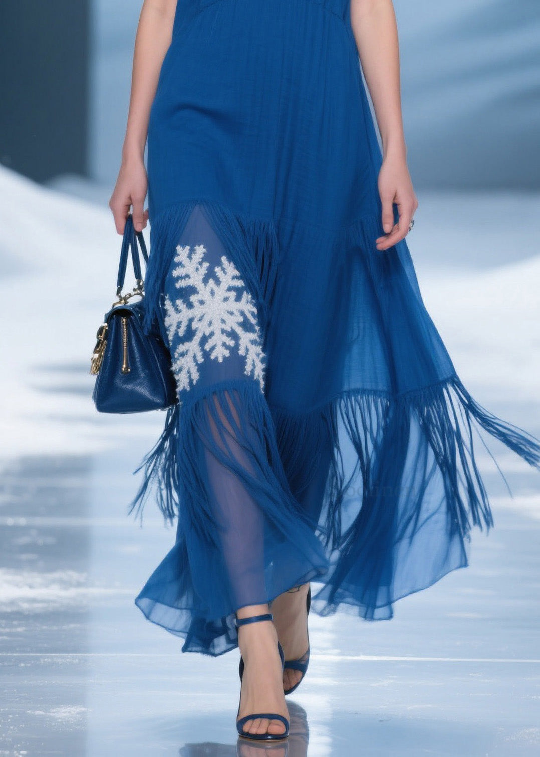 Women Blue Tassel Patchwork Spaghetti Strap Dress Summer