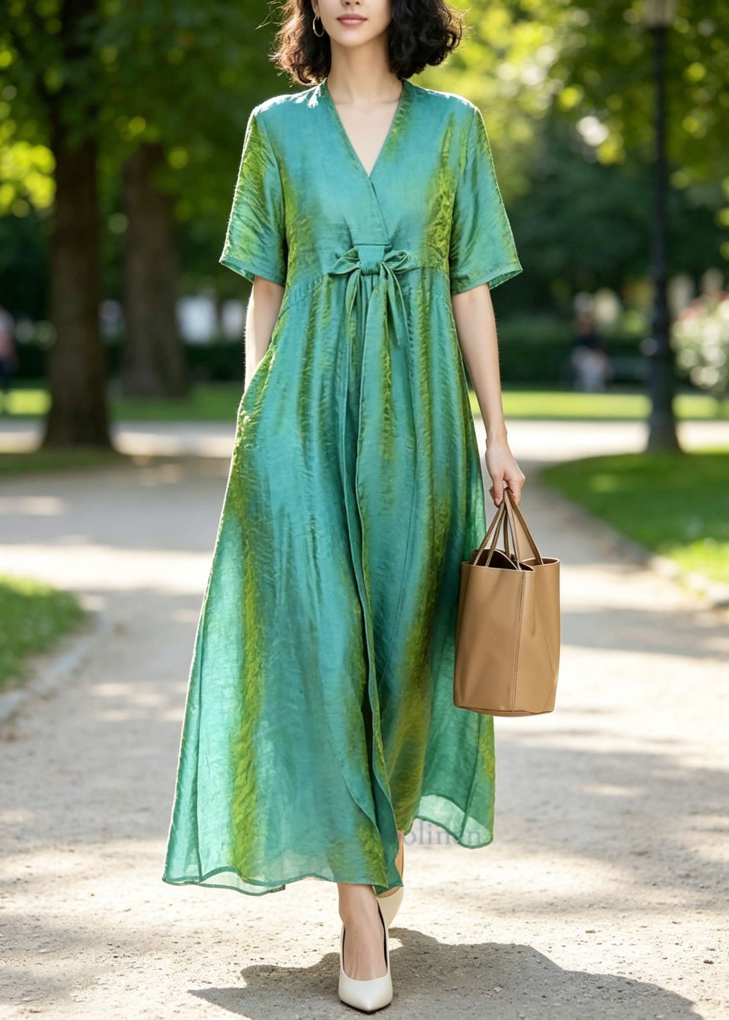 Women Blue V Neck Bow Silk Long Dresses Summer